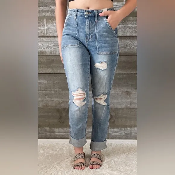 judy blue high waist patch pocket destroyed boyfriend jeans medium JB88825REG MD