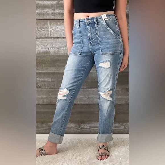 judy blue high waist patch pocket destroyed boyfriend jeans medium JB88825REG MD