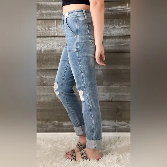 judy blue high waist patch pocket destroyed boyfriend jeans medium JB88825REG MD