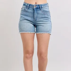Judy Blue High Waist Western Embroidery Detail Cut Off Denim Shorts