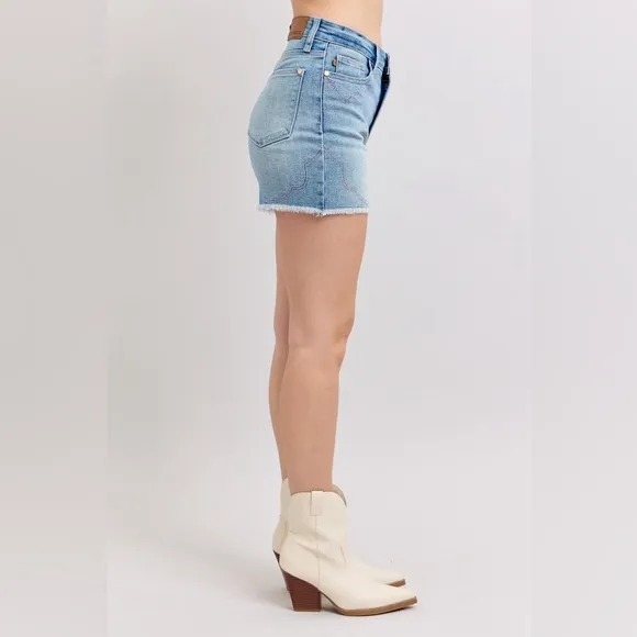 Judy Blue High Waist Western Embroidery Detail Cut Off Denim Shorts