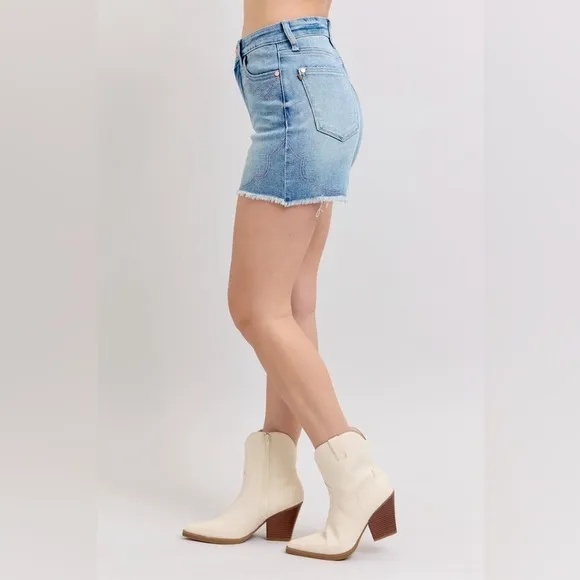 Judy Blue High Waist Western Embroidery Detail Cut Off Denim Shorts