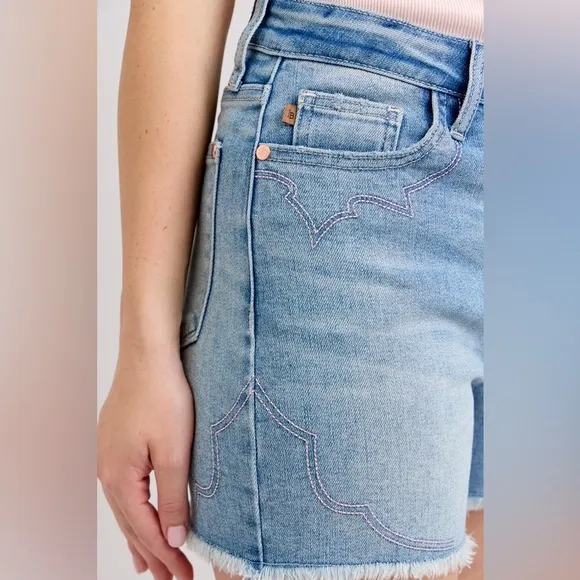 Judy Blue High Waist Western Embroidery Detail Cut Off Denim Shorts