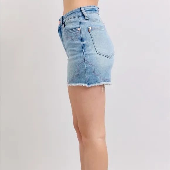 Judy Blue High Waist Western Embroidery Detail Cut Off Denim Shorts
