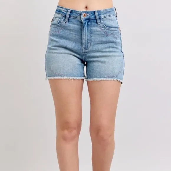 Judy Blue High Waist Western Embroidery Detail Cut Off Denim Shorts