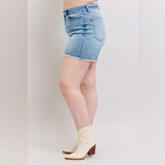 Judy Blue Plus Size High Waist Western Embroidery Detail Cut Off Denim Shorts