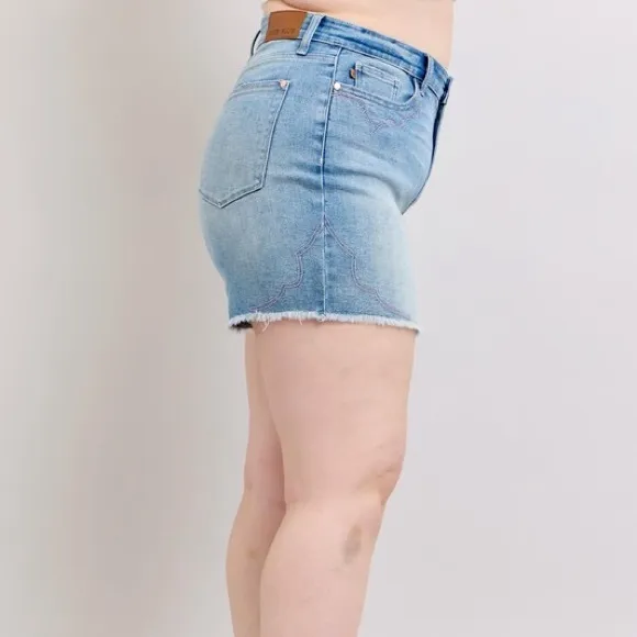 Judy Blue Plus Size High Waist Western Embroidery Detail Cut Off Denim Shorts