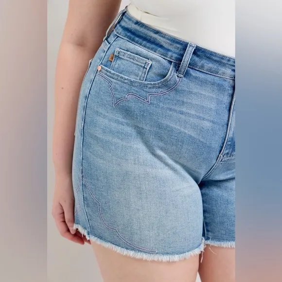 Judy Blue Plus Size High Waist Western Embroidery Detail Cut Off Denim Shorts