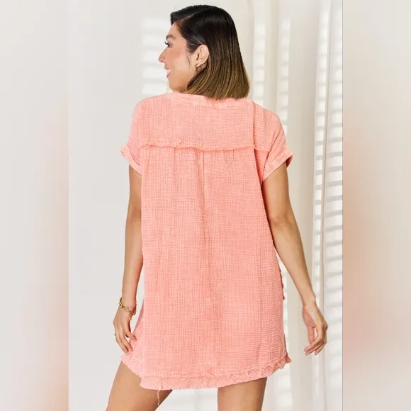 JUST IN!! ZENANA Coral Washed Nochted Rolled Short Sleeve Dress