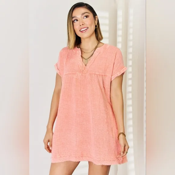 JUST IN!! ZENANA Coral Washed Nochted Rolled Short Sleeve Dress