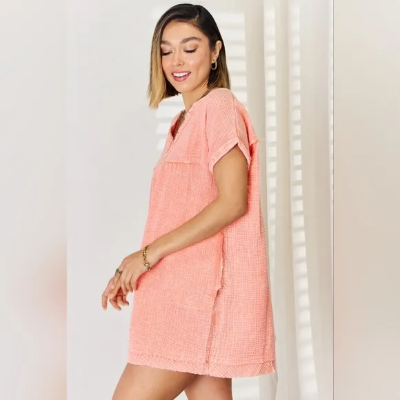 JUST IN!! ZENANA Coral Washed Nochted Rolled Short Sleeve Dress