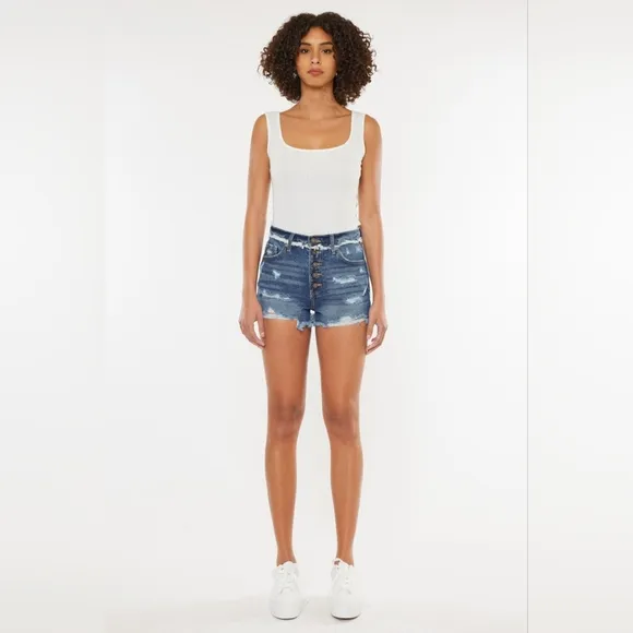 Kancan Distressed Button Fly Denim Shorts