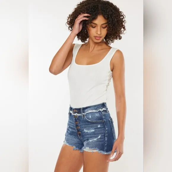 Kancan Distressed Button Fly Denim Shorts