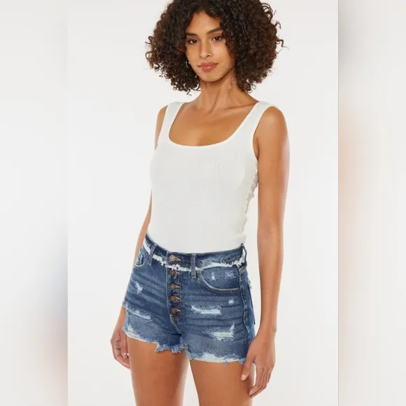 Kancan Distressed Button Fly Denim Shorts