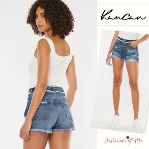 KanCan High Rise Distressed Button Fly Denim Shorts | Dark Wash