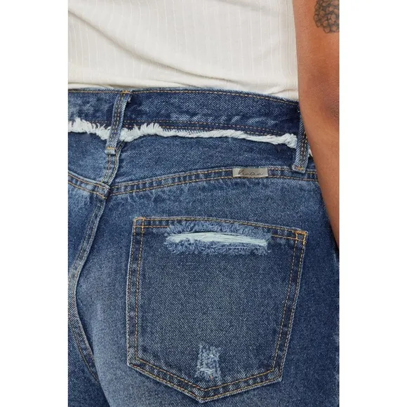 KanCan High Rise Distressed Button Fly Denim Shorts | Dark Wash