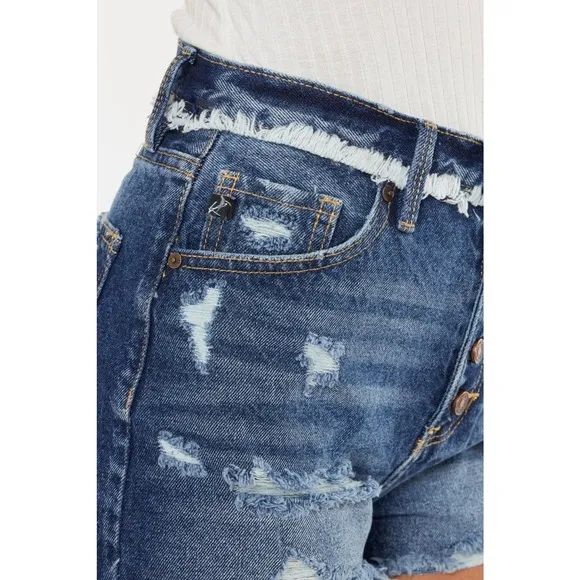 KanCan High Rise Distressed Button Fly Denim Shorts | Dark Wash