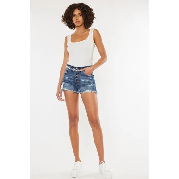 KanCan High Rise Distressed Button Fly Denim Shorts | Dark Wash