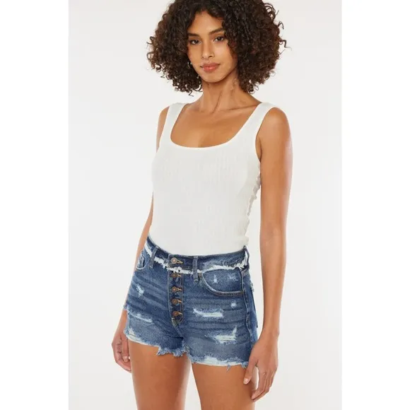 KanCan High Rise Distressed Button Fly Denim Shorts | Dark Wash