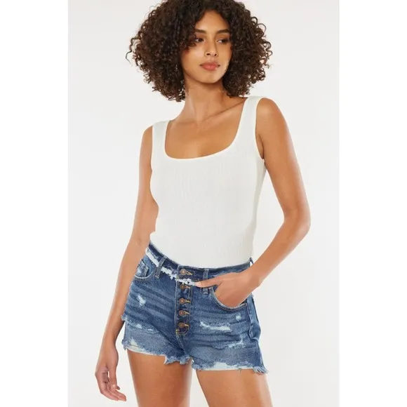 KanCan High Rise Distressed Button Fly Denim Shorts | Dark Wash