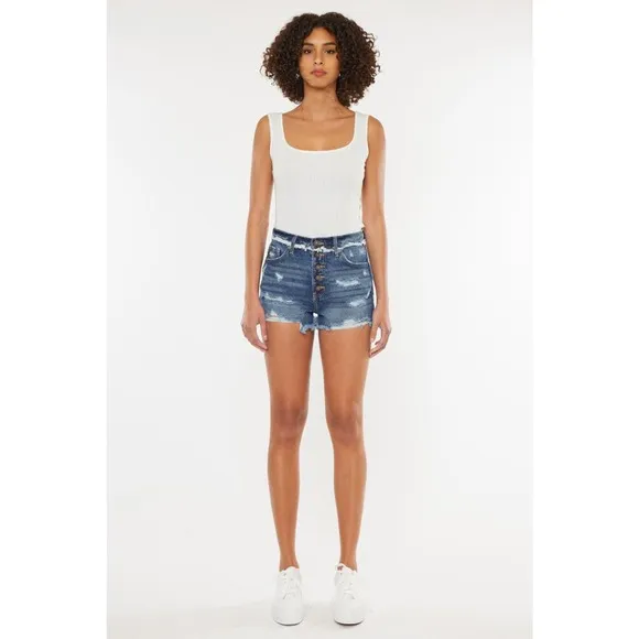KanCan High Rise Distressed Button Fly Denim Shorts | Dark Wash