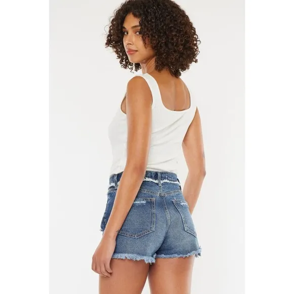 KanCan High Rise Distressed Button Fly Denim Shorts | Dark Wash
