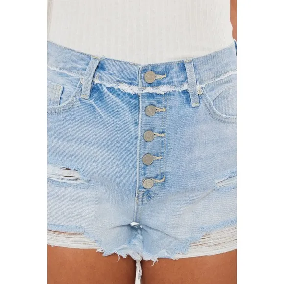 KanCan High Rise Distressed Button Fly Denim Shorts | Medium Wash