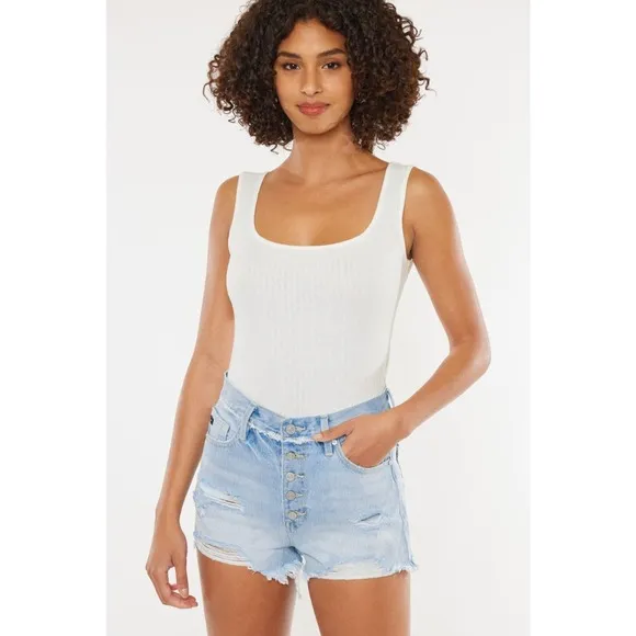 KanCan High Rise Distressed Button Fly Denim Shorts | Medium Wash