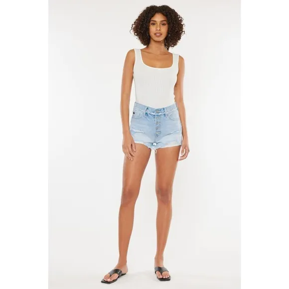 KanCan High Rise Distressed Button Fly Denim Shorts | Medium Wash