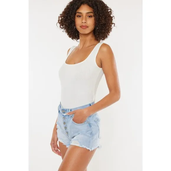 KanCan High Rise Distressed Button Fly Denim Shorts | Medium Wash
