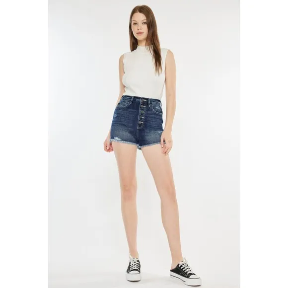 KanCan Raw Hem Button Fly Distressed Dark Wash Denim Shorts | Dark Wash