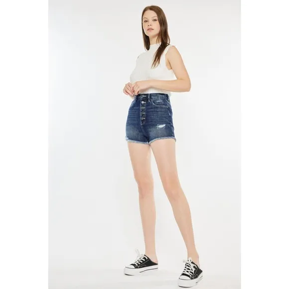 KanCan Raw Hem Button Fly Distressed Dark Wash Denim Shorts | Dark Wash