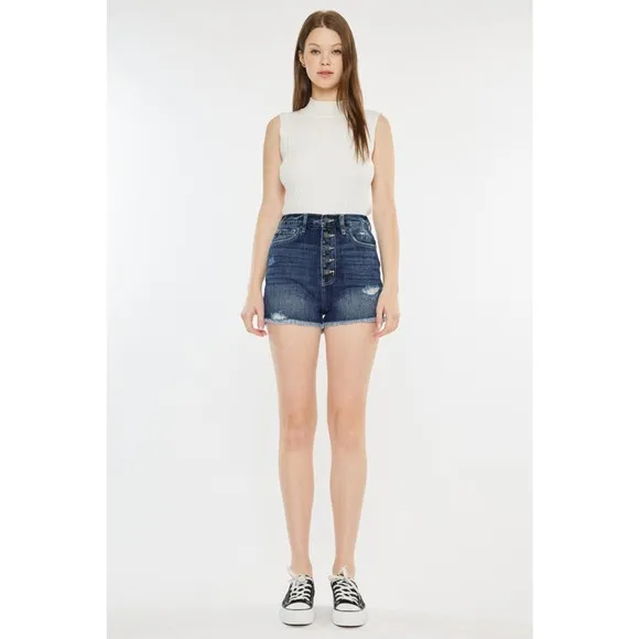 KanCan Raw Hem Button Fly Distressed Dark Wash Denim Shorts | Dark Wash