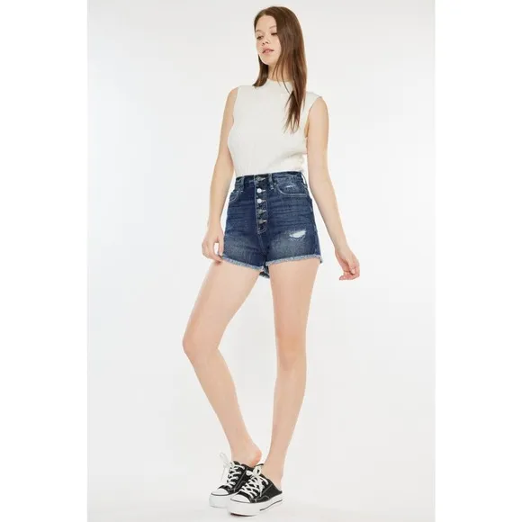 KanCan Raw Hem Button Fly Distressed Dark Wash Denim Shorts | Dark Wash