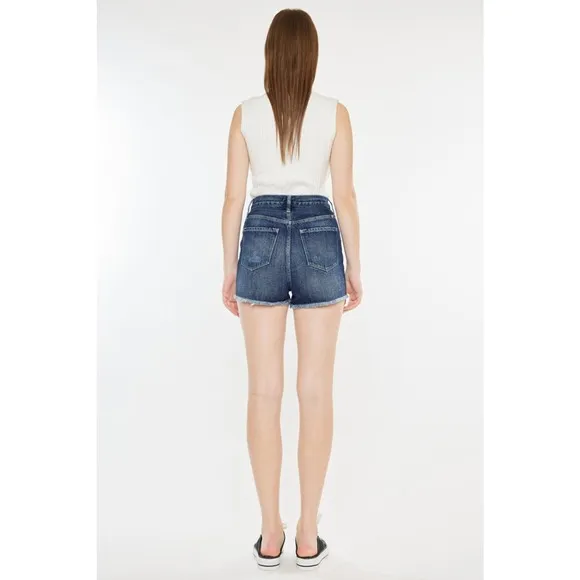 KanCan Raw Hem Button Fly Distressed Dark Wash Denim Shorts | Dark Wash