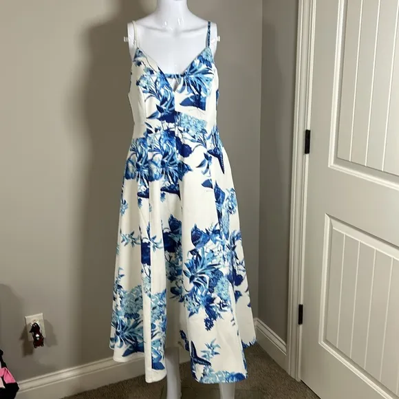 Karen Millen Dress Tailored Crepe Butterfly Floral Full Skirted Midi Sz 6P NEW