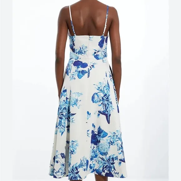 Karen Millen Dress Tailored Crepe Butterfly Floral Full Skirted Midi Sz 6P NEW