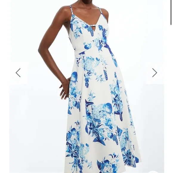 Karen Millen Dress Tailored Crepe Butterfly Floral Full Skirted Midi Sz 6P NEW
