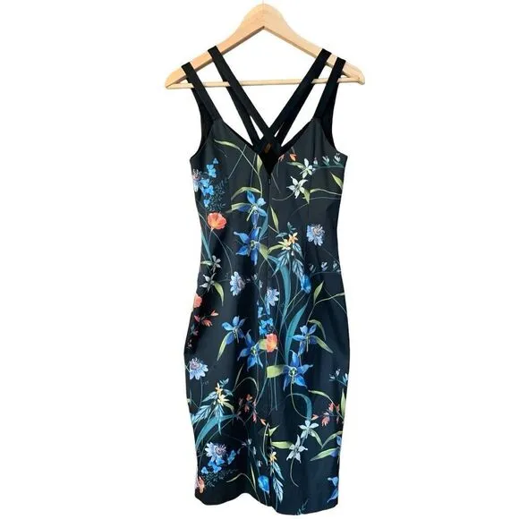 Karen Millen Floral Satin Pencil Dress Black Multi Size 6