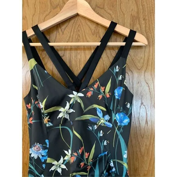 Karen Millen Floral Satin Pencil Dress Black Multi Size 6