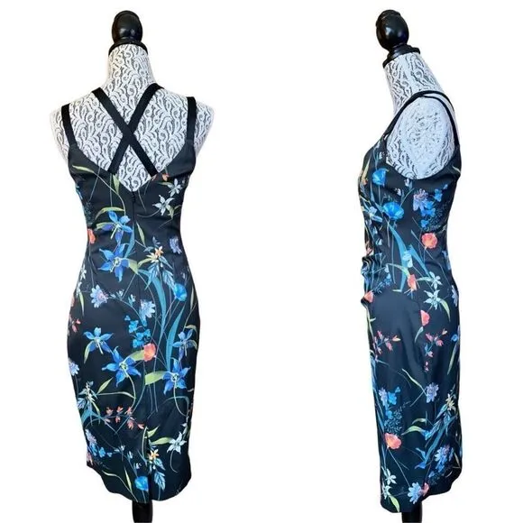 Karen Millen Floral Satin Pencil Dress Black Multi Size 6