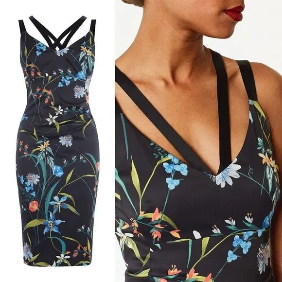 Karen Millen Floral Satin Pencil Dress Black Multi Size 6