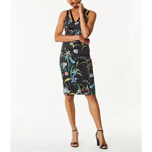 Karen Millen Floral Satin Pencil Dress Black Multi Size 6