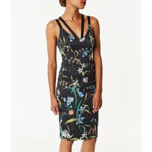 Karen Millen Floral Satin Pencil Dress Black Multi Size 6