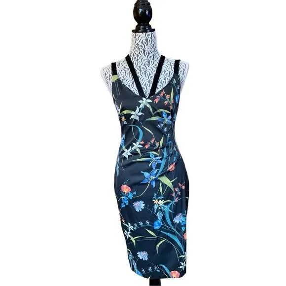 Karen Millen Floral Satin Pencil Dress Black Multi Size 6