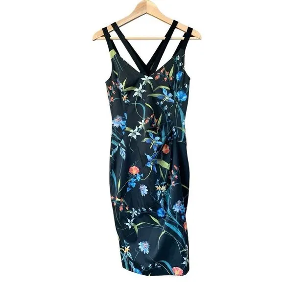Karen Millen Floral Satin Pencil Dress Black Multi Size 6