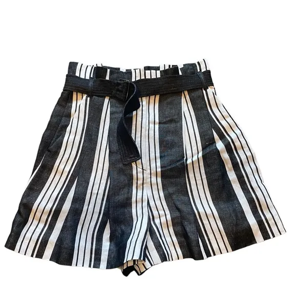 Karen Millen Linen Paper-bag style High Waist Black&amp; White Stripe pleated shorts