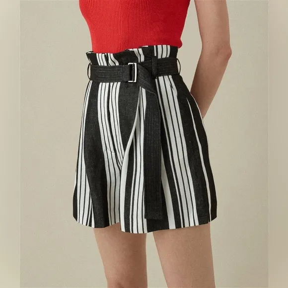 Karen Millen Linen Paper-bag style High Waist Black&amp; White Stripe pleated shorts