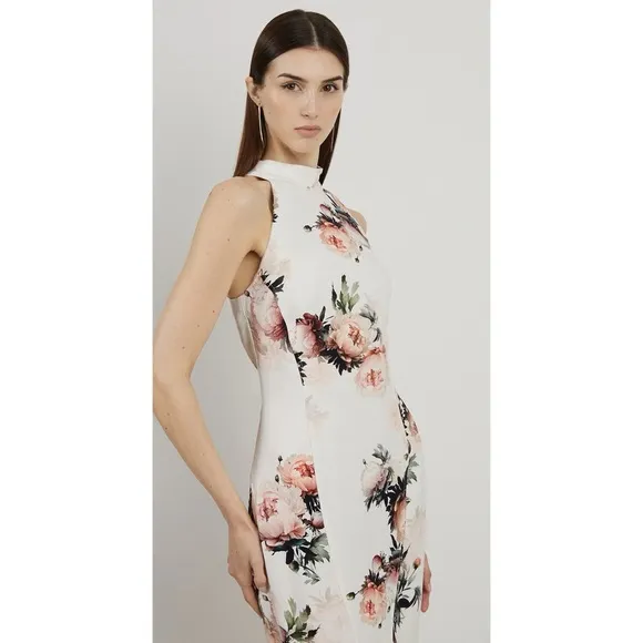 Karen Millen NWT Satin Crepe Peony Waterfall Hem High Neck Dress Size 8