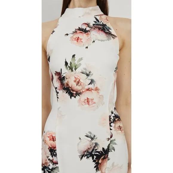 Karen Millen NWT Satin Crepe Peony Waterfall Hem High Neck Dress Size 8